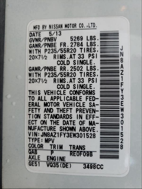 2014 NISSAN MURANO CRO JN8AZ1FY3EW301528