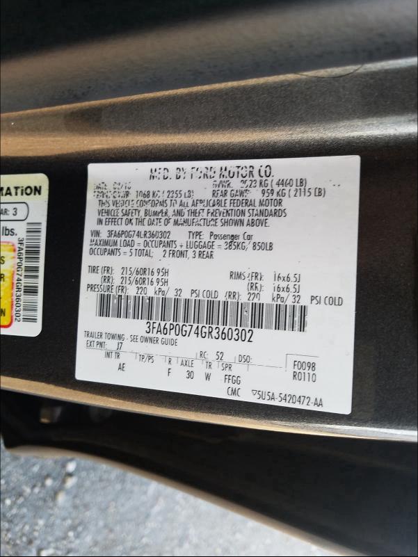 2016 FORD FUSION S 3FA6P0G74GR360302