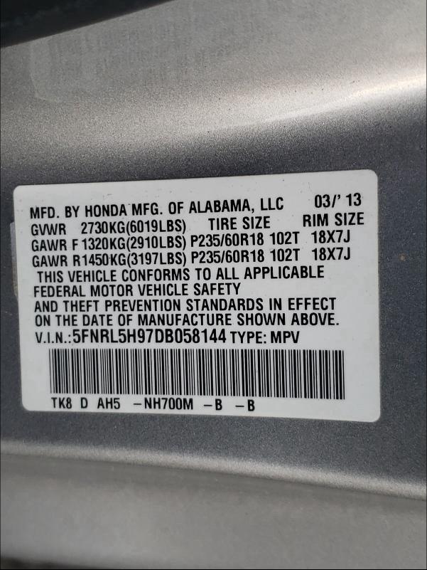 2013 HONDA ODYSSEY TO 5FNRL5H97DB058144