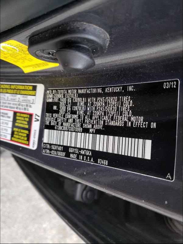 2012 TOYOTA VENZA LE 4T3BK3BB7CU070999