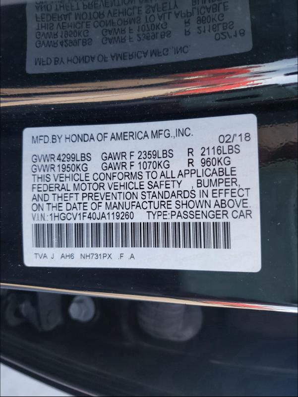 2018 HONDA ACCORD EX 1HGCV1F40JA119260