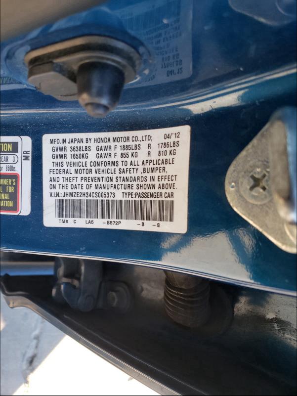 2012 HONDA INSIGHT JHMZE2H34CS005373