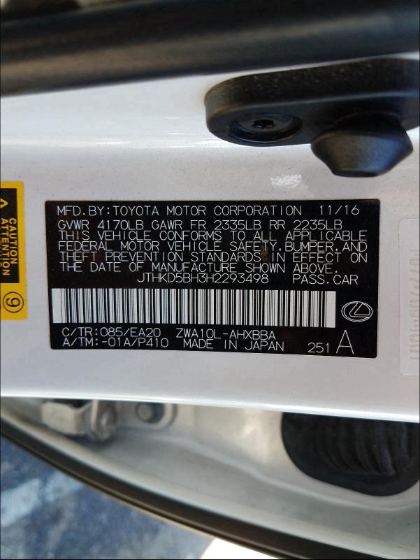 2017 LEXUS CT 200 JTHKD5BH3H2293498