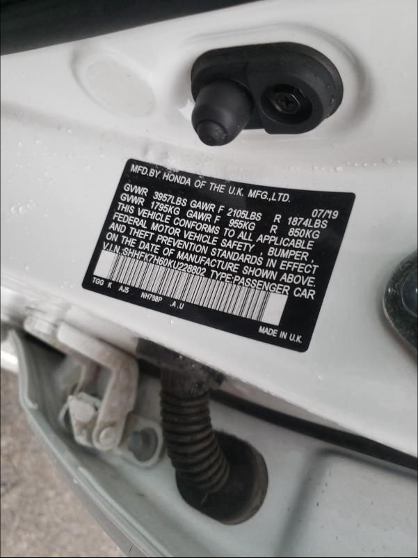 2019 HONDA CIVIC EX SHHFK7H60KU228802