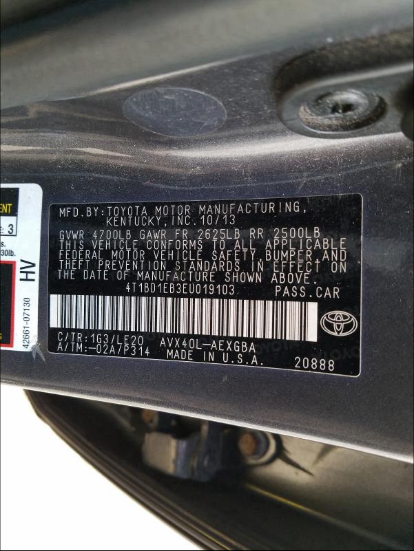 2014 TOYOTA AVALON HYB 4T1BD1EB3EU019103