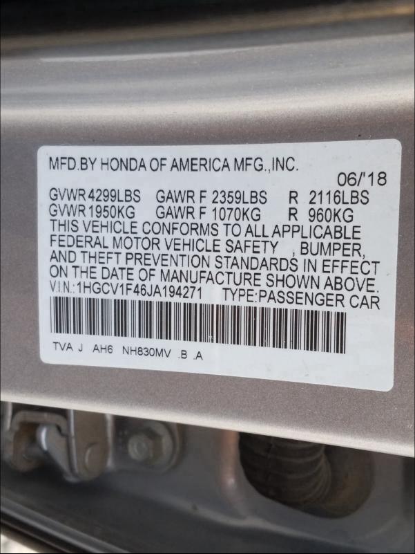 2018 HONDA ACCORD EX 1HGCV1F46JA194271