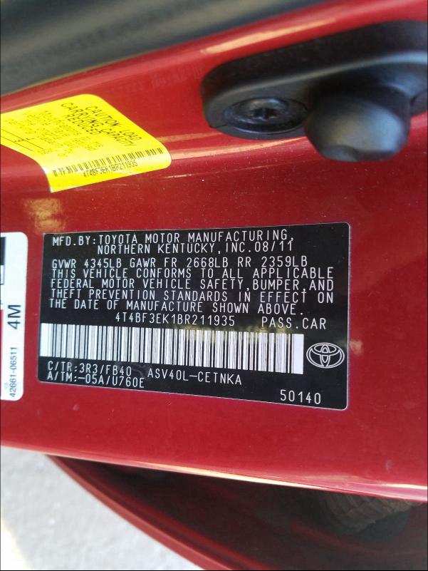 2011 TOYOTA CAMRY BASE 4T4BF3EK1BR211935