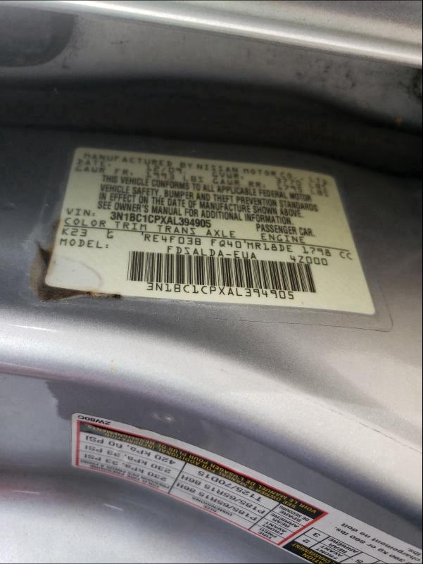 2010 NISSAN VERSA 3N1BC1CPXAL394905