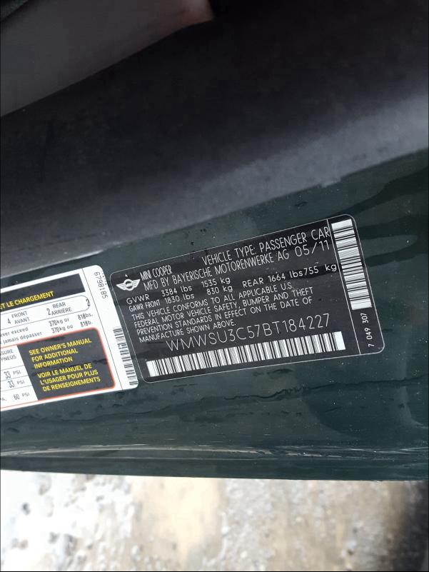2011 MINI COOPER WMWSU3C57BT184227