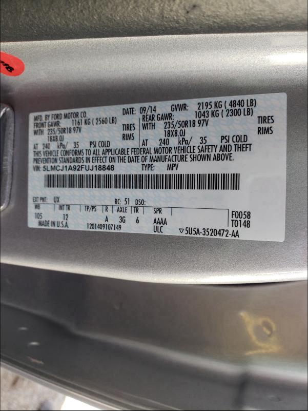 2015 LINCOLN MKC 5LMCJ1A92FUJ18848