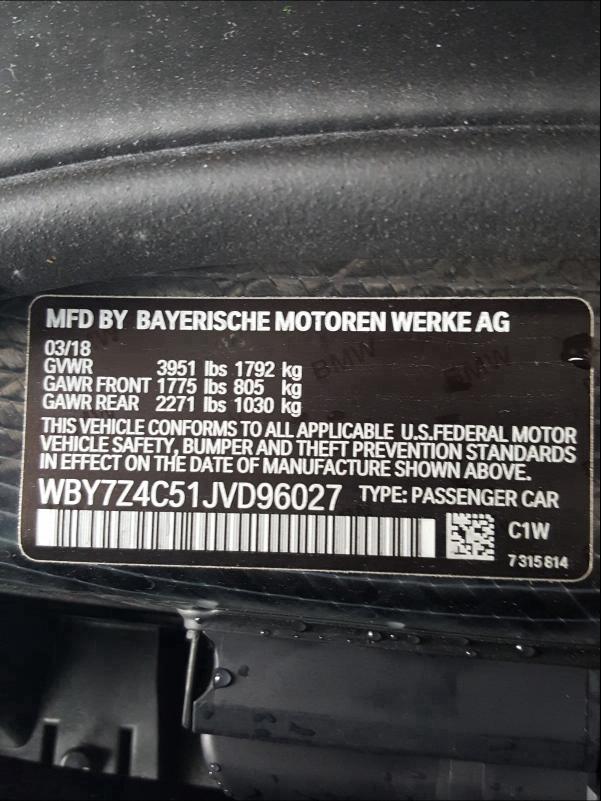 2018 BMW I3 REX WBY7Z4C51JVD96027