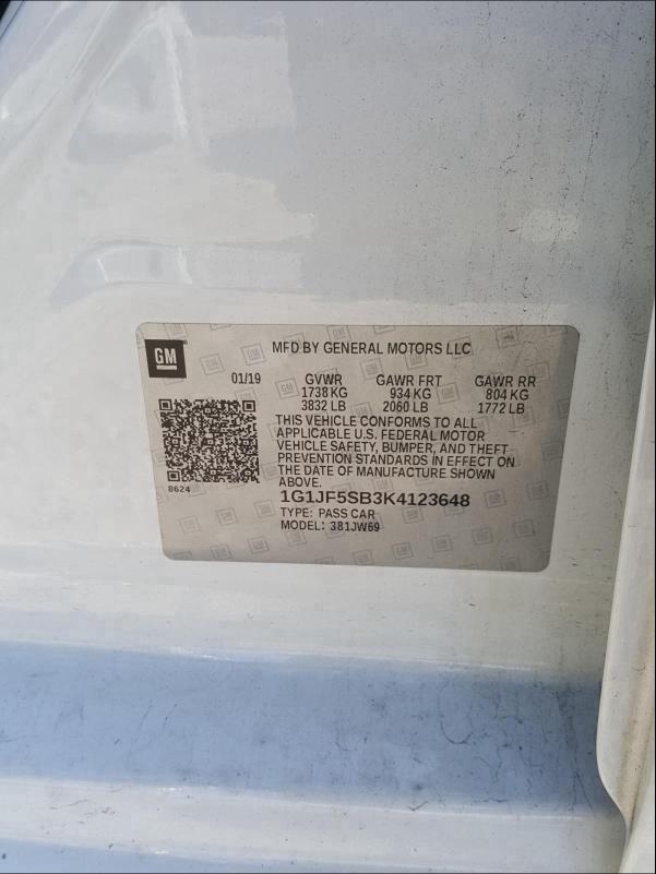 2019 CHEVROLET SONIC PREM 1G1JF5SB3K4123648