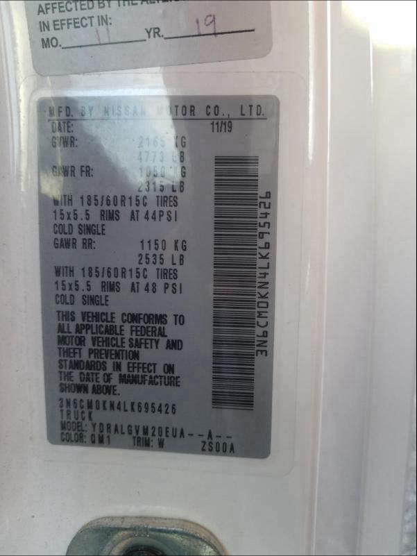 2020 NISSAN NV200 2.5S 3N6CM0KN4LK695426