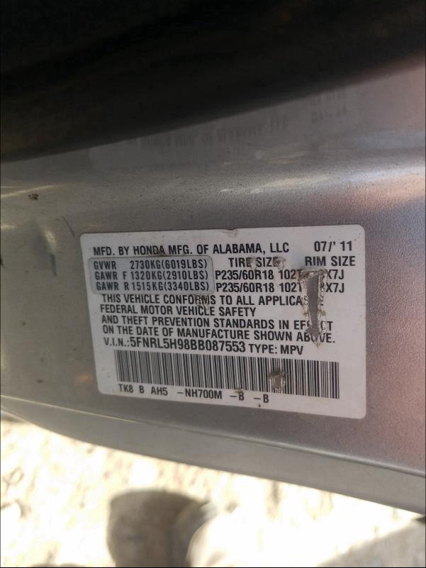 2011 HONDA ODYSSEY TO 5FNRL5H98BB087553