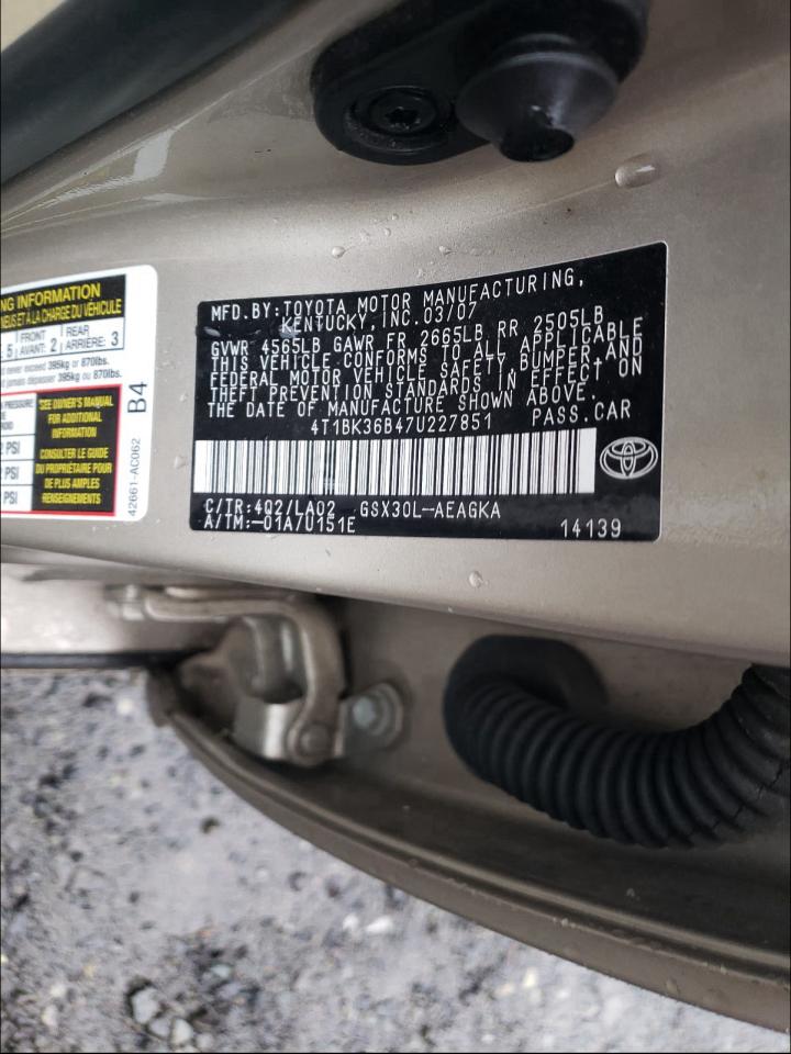 2007 Toyota Avalon Xl VIN: 4T1BK36B47U227851 Lot: 60120965