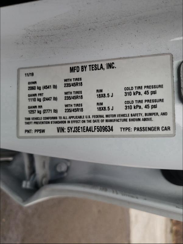 2020 TESLA MODEL 3 5YJ3E1EA4LF509634