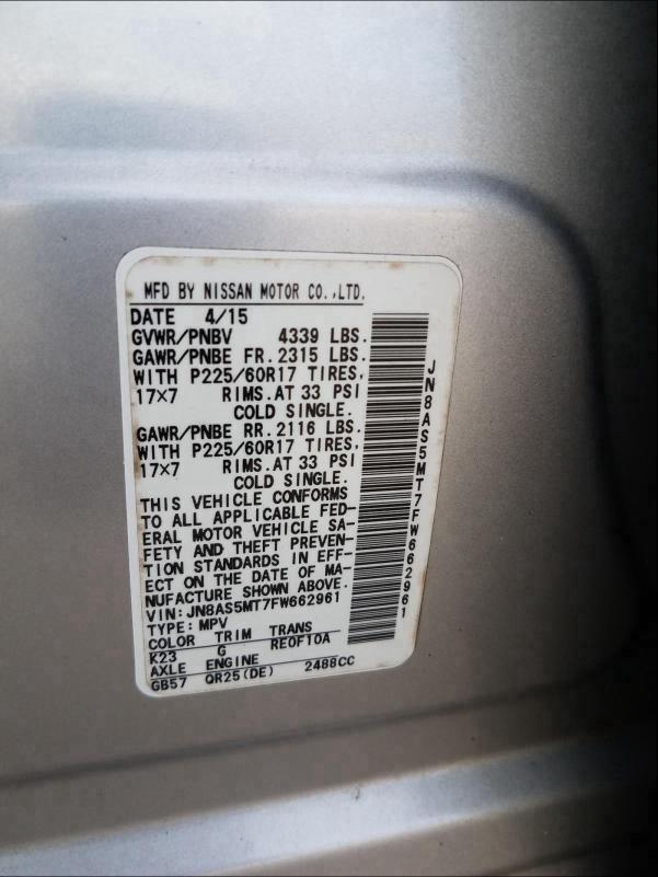 2015 NISSAN ROGUE SELE JN8AS5MT7FW662961