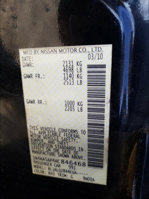 1N4AA5AP4AC846468 2010 Nissan Maxima S 3.5L