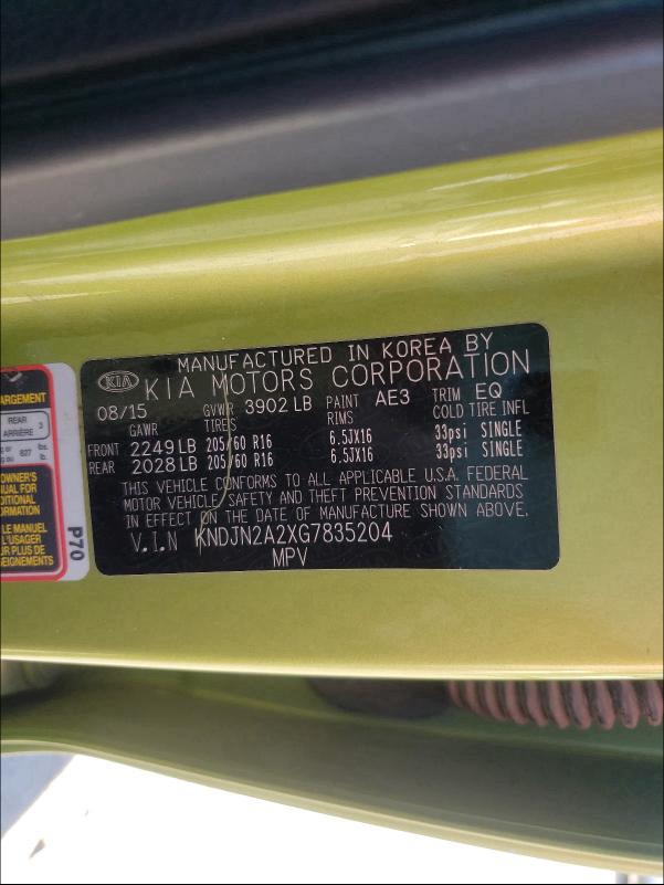 2016 KIA SOUL KNDJN2A2XG7835204