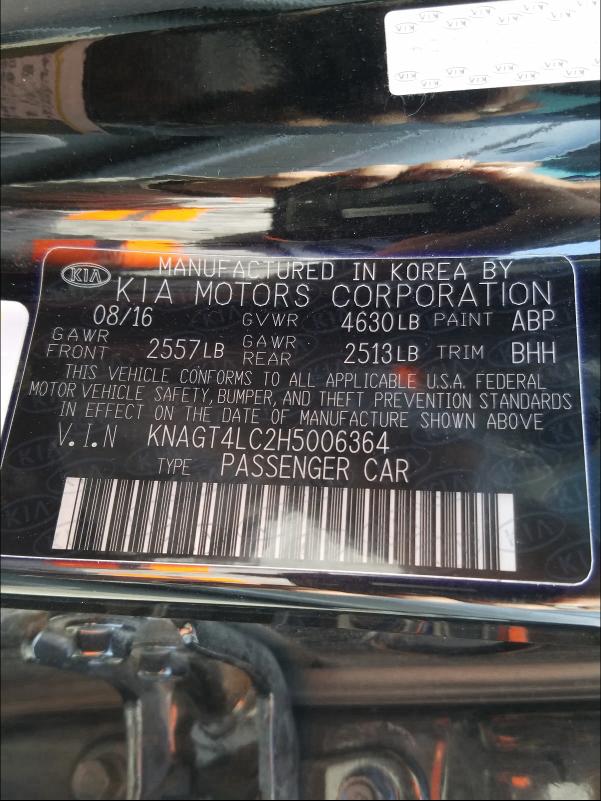 2017 KIA OPTIMA HYB KNAGT4LC2H5006364