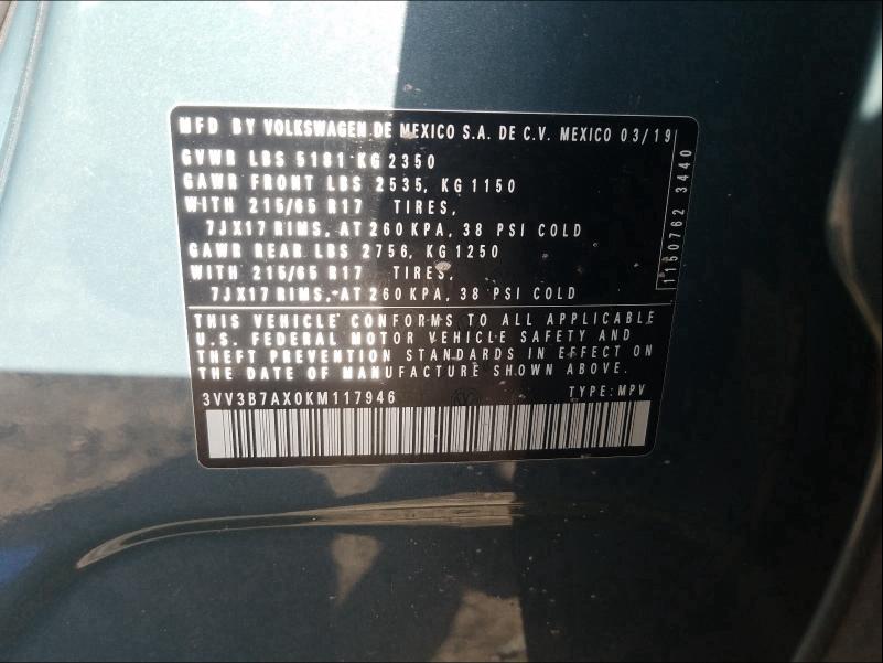 2019 VOLKSWAGEN TIGUAN SE 3VV3B7AX0KM117946
