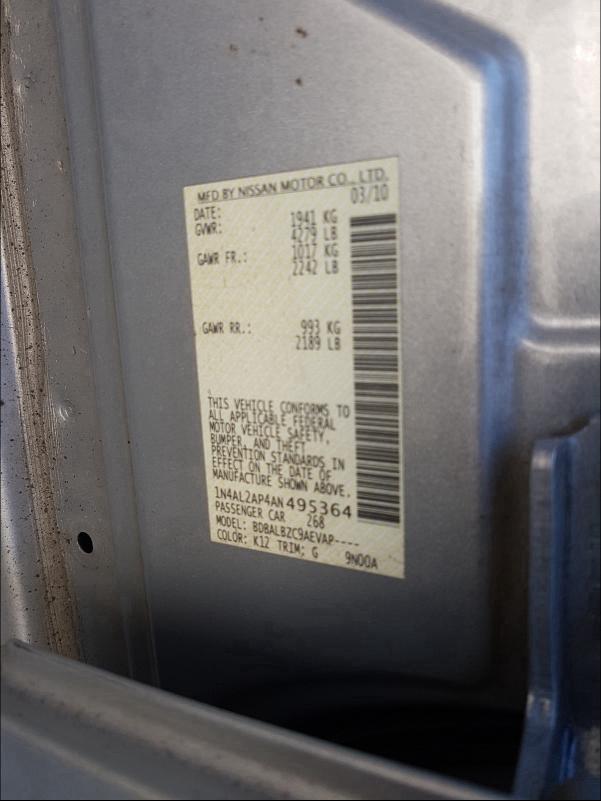 2010 NISSAN ALTIMA BAS 1N4AL2AP4AN495364