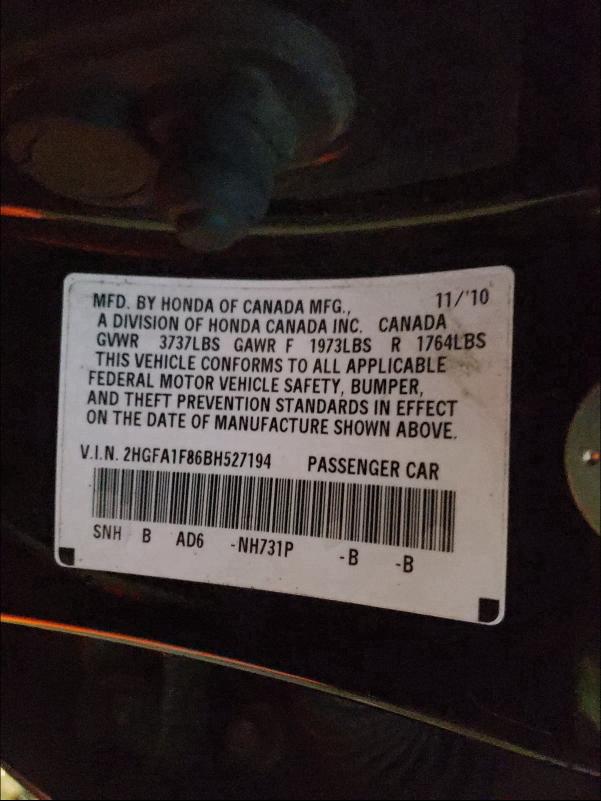 2011 HONDA CIVIC EX 2HGFA1F86BH527194