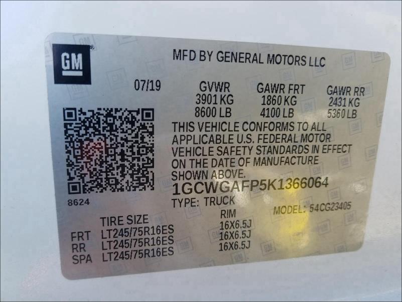 2019 CHEVROLET EXPRESS G2 1GCWGAFP5K1366064