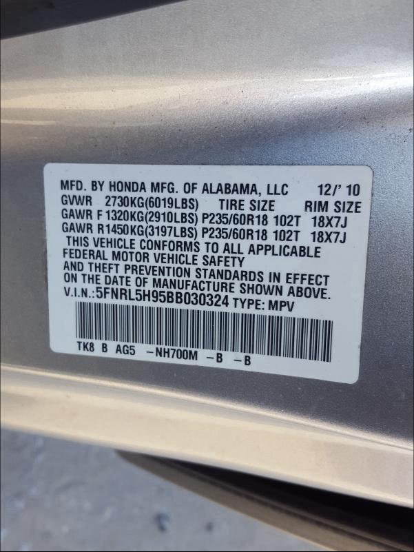 2011 HONDA ODYSSEY TO 5FNRL5H95BB030324