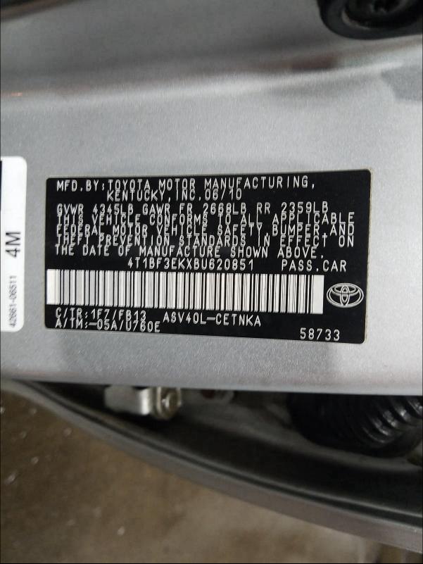 2011 TOYOTA CAMRY BASE 4T1BF3EKXBU620851