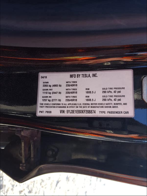 2019 TESLA MODEL 3 5YJ3E1EBXKF208874