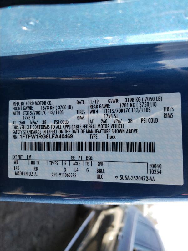 2020 FORD F150 RAPTO 1FTFW1RG8LFA40469
