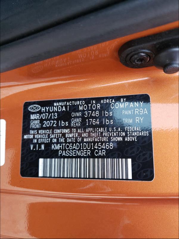 2013 HYUNDAI VELOSTER KMHTC6AD1DU145468