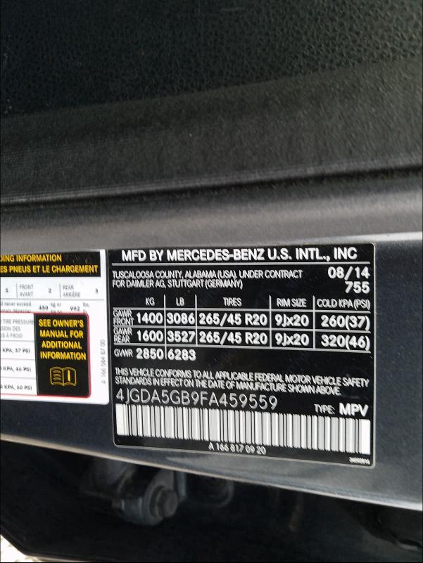 2015 MERCEDES-BENZ ML 400 4MA 4JGDA5GB9FA459559