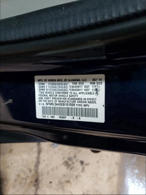 5FNRL5H43EB101559 2014 Honda Odyssey Ex 3.5L