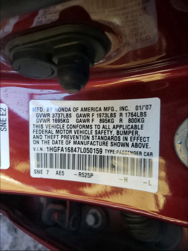 2007 HONDA CIVIC 1HGFA16847L050159