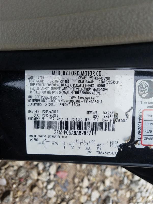 2010 FORD FUSION S 3FAHP0GA8AR285714