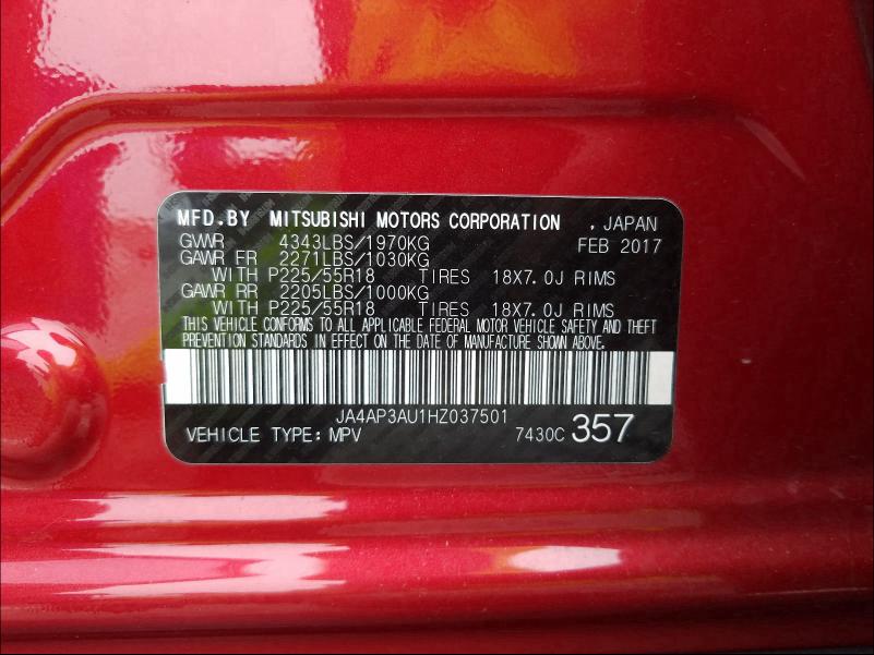 2017 MITSUBISHI OUTLANDER JA4AP3AU1HZ037501