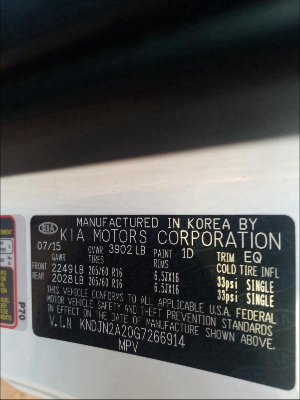 2016 KIA SOUL KNDJN2A20G7266914