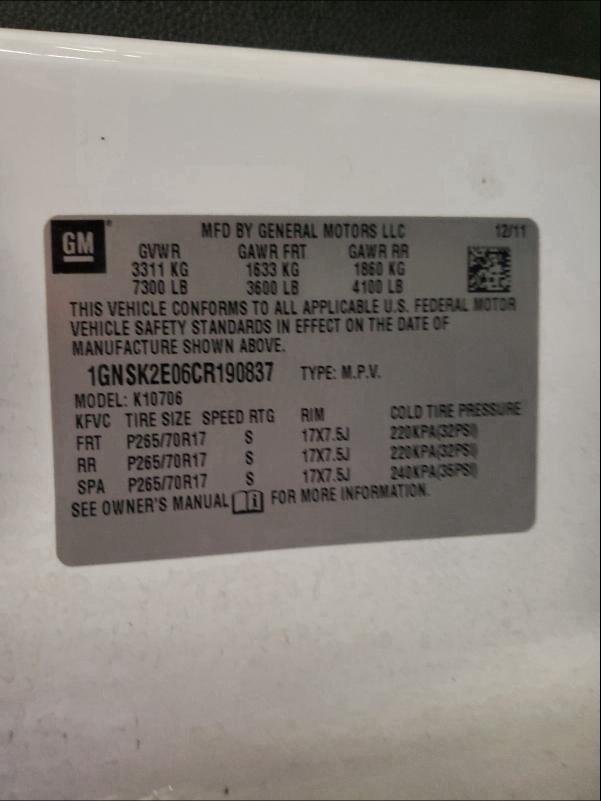 2012 CHEVROLET TAHOE SPEC 1GNSK2E06CR190837