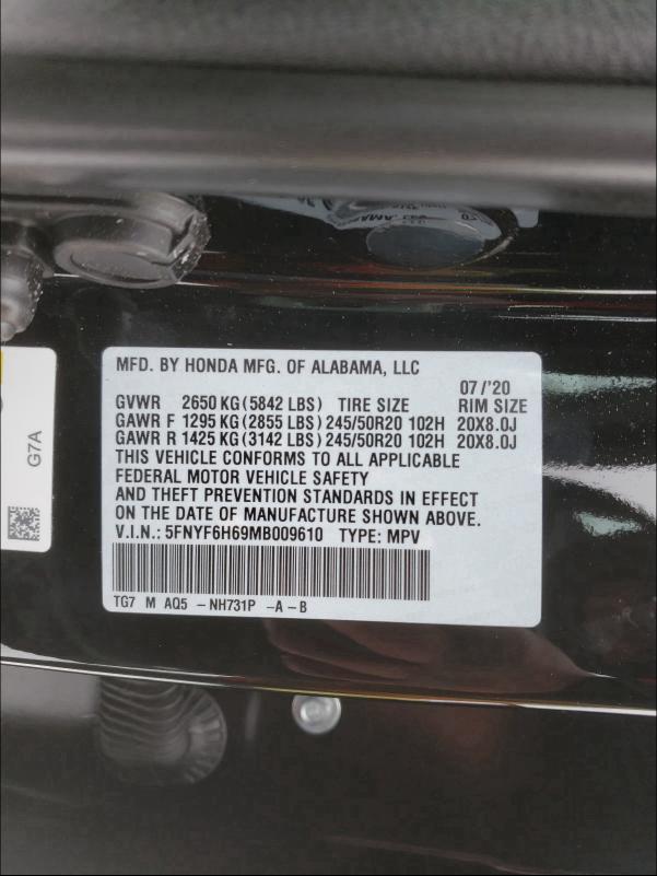 2021 HONDA PILOT TOUR 5FNYF6H69MB009610