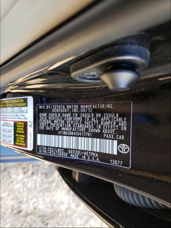 2012 TOYOTA AVALON BAS 4T1BK3DB4CU472761