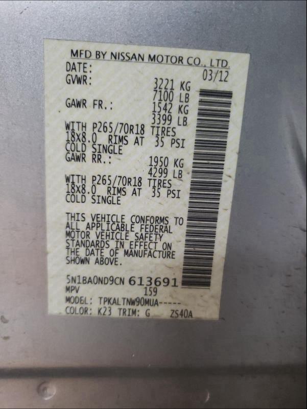 2012 NISSAN ARMADA SV 5N1BA0ND9CN613691