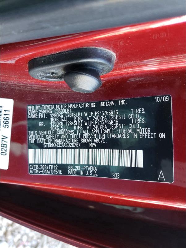 2010 TOYOTA SIENNA CE 5TDKK4CC2AS326767