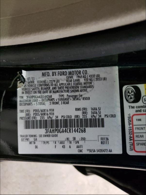 2012 FORD FUSION S 3FAHP0GA4CR144268