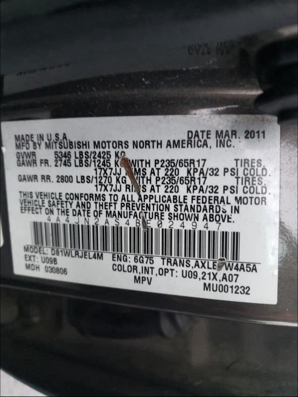 2011 MITSUBISHI ENDEAVOR L 4A4JN2AS4BE024947