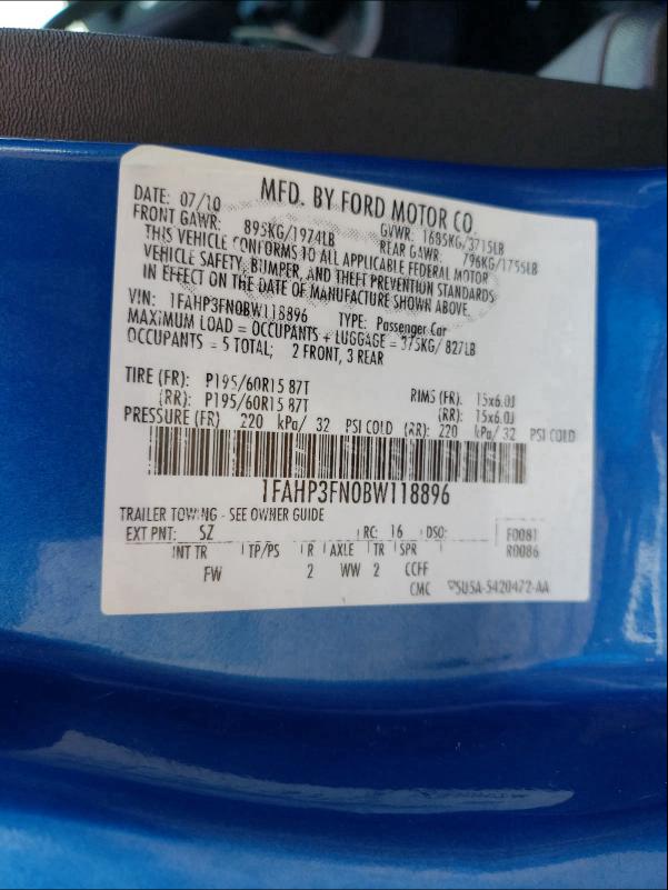 2011 FORD FOCUS 1FAHP3FN0BW118896