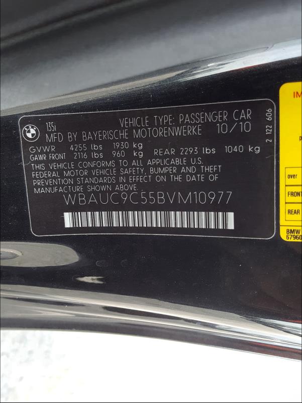 2011 BMW 135 I WBAUC9C55BVM10977