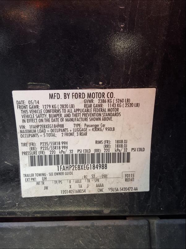1FAHP2E8XEG184988 2014 Ford Taurus Sel 3.5L