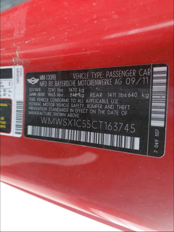 2012 MINI COOPER COU WMWSX1C55CT163745